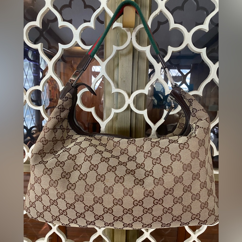 (EUC) GUCCI SHERRY LINE LOGO HOBO SHOULDER BAG GREEN/RED WEB STRAP(CLEAN IN&OUT)